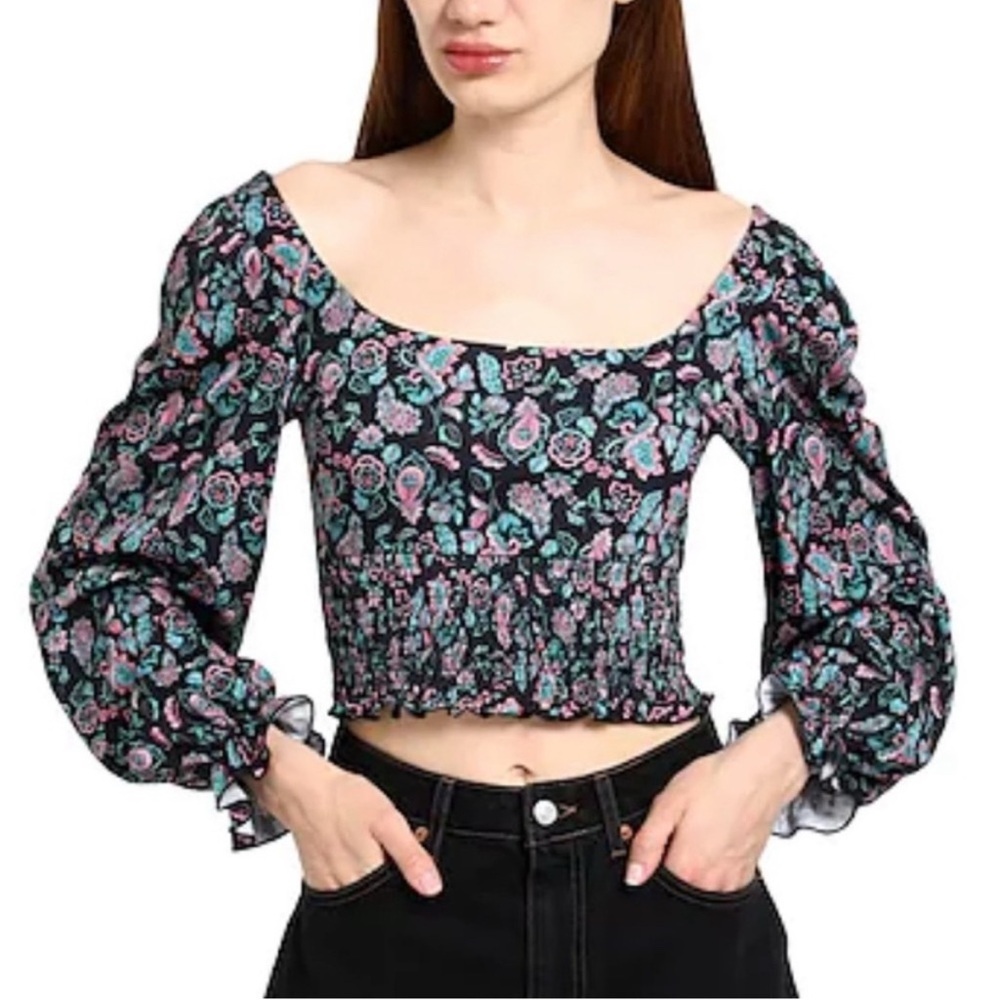 Topshop NWOT Cropped Smocked Square Neck Blouse in Black Parsley